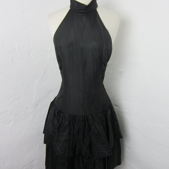 Vintage 70s Positively Ellen Dress Black Taffeta Drop Waist Collared Size 11/12 - Picture 3 of 8